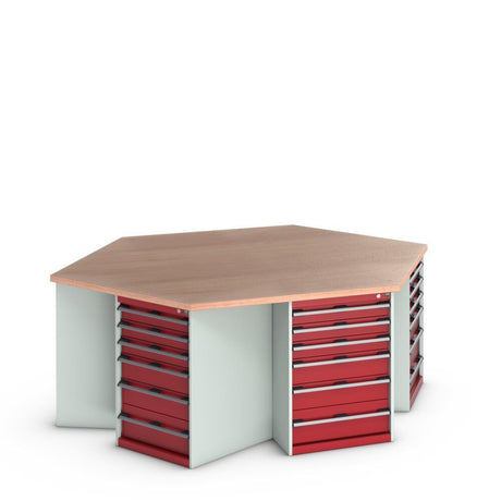 Bott Cubio Pedestal Island Bench (Multiplex) Hexagonal, with 6x 6 Drawer Cabinets, 2500x2165x940mm, crimson red