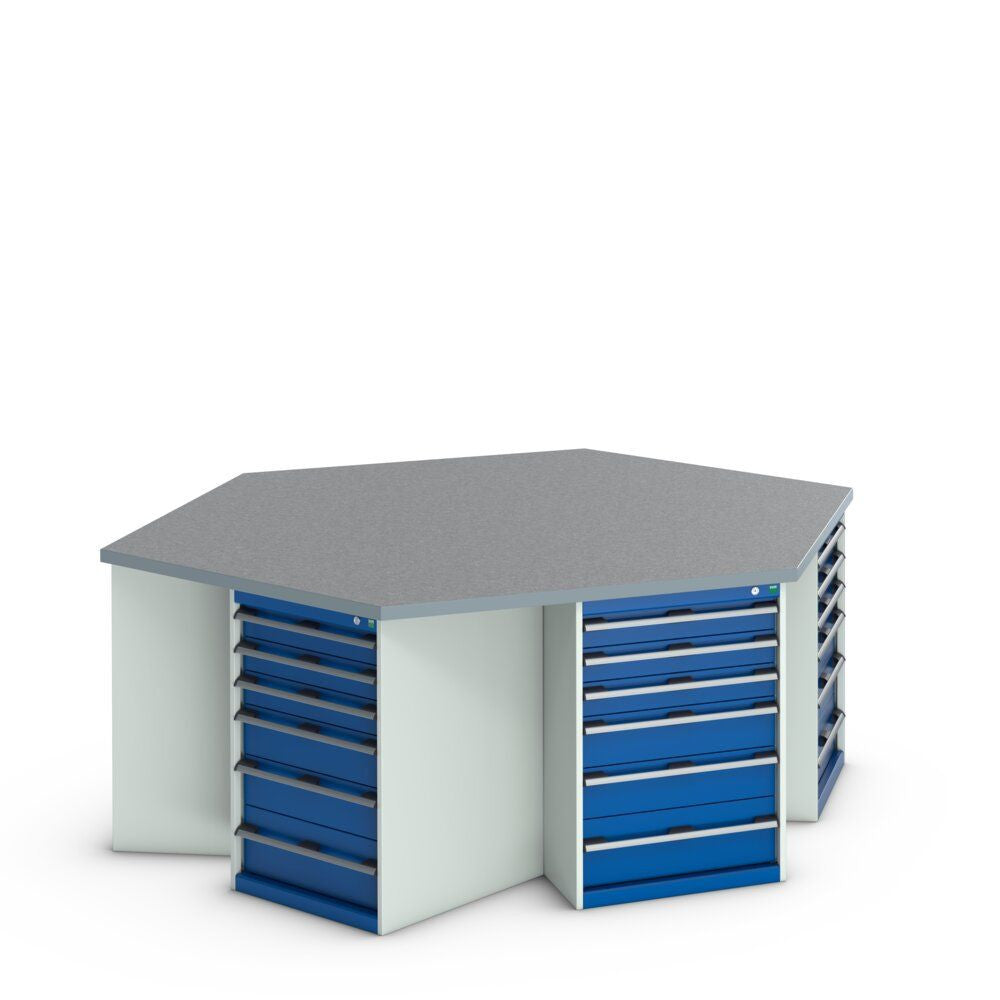 Bott Cubio Pedestal Island Bench (Lino) Hexagonal, with 6x 6 Drawer Cabinets, 2500x2165x940mm, gentian blue