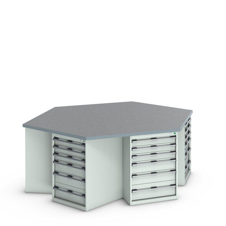 Bott Cubio Pedestal Island Bench (Lino) Hexagonal, with 6x 6 Drawer Cabinets, 2500x2165x940mm, light grey