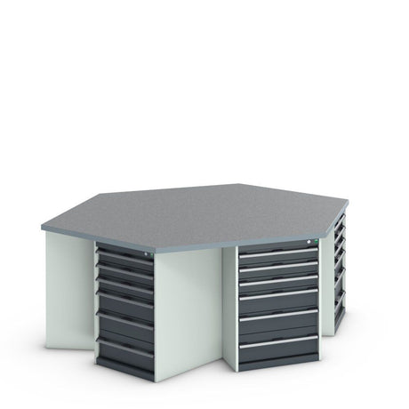 Bott Cubio Pedestal Island Bench (Lino) Hexagonal, with 6x 6 Drawer Cabinets, 2500x2165x940mm, anthracite grey