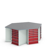 Bott Cubio Pedestal Island Bench (Lino) Hexagonal, with 6x 6 Drawer Cabinets, 2500x2165x940mm, crimson red