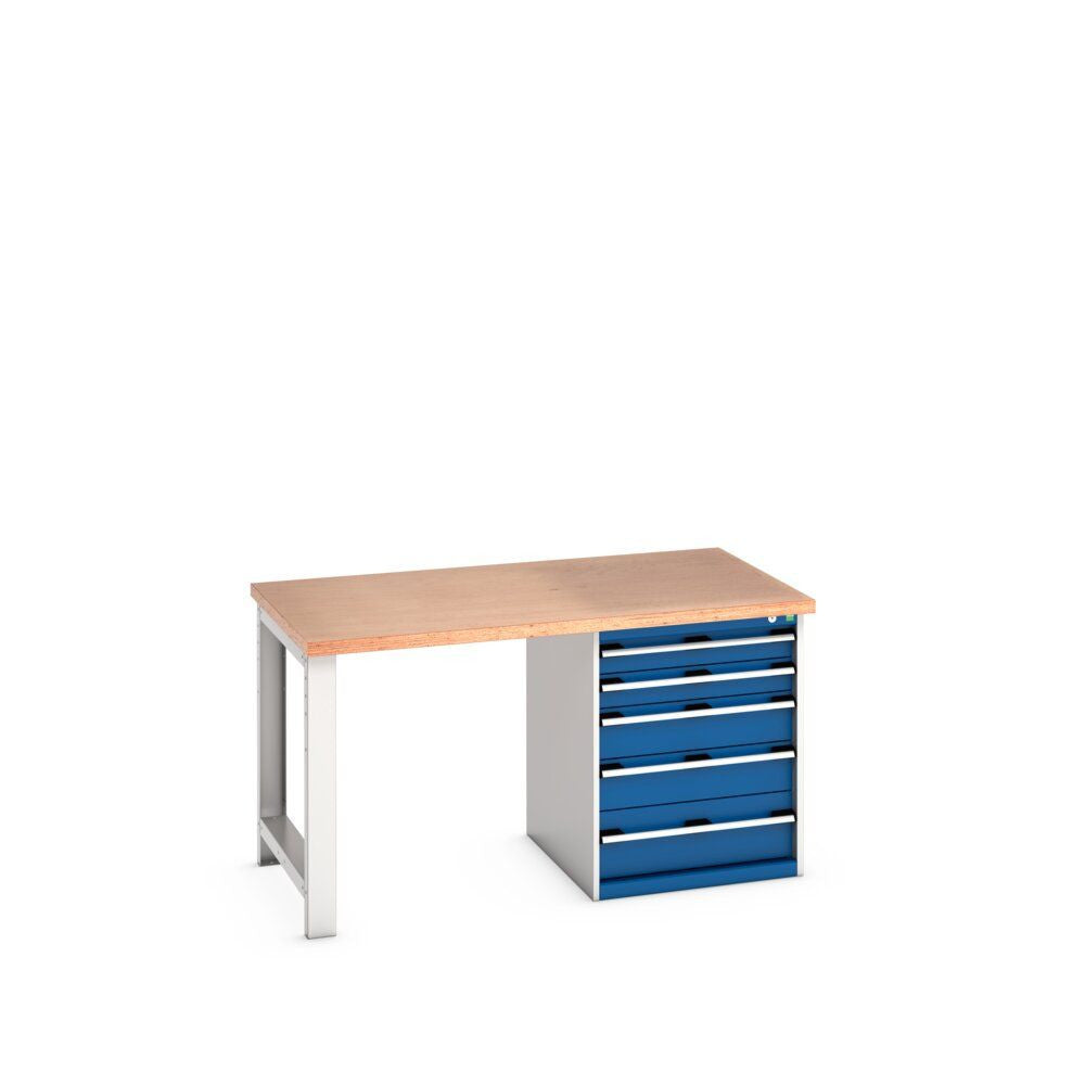 Bott Cubio Pedestal Bench (Multiplex) with 5 Drawer Cabinet / Endframe, 1500x900x840mm, gentian blue