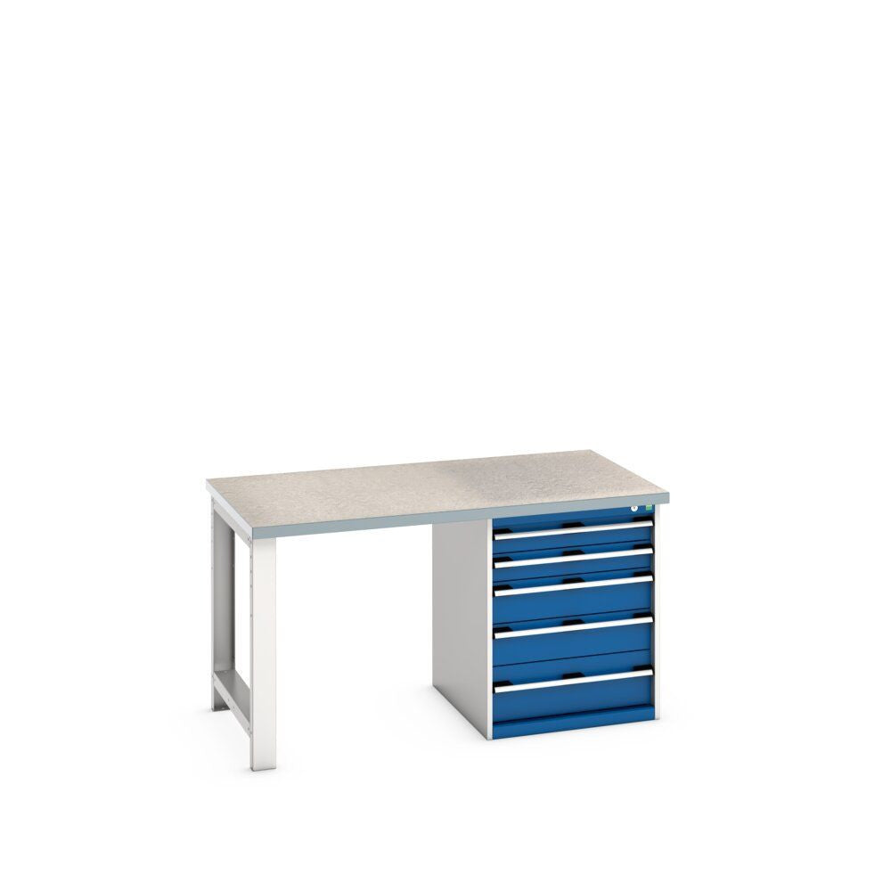 Bott Cubio Pedestal Bench (Lino) with 5 Drawer Cabinet / Endframe, 1500x900x840mm, gentian blue