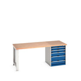 Bott Cubio Pedestal Bench (Multiplex) with 5 Drawer Cabinet / Endframe, 2000x900x840mm, gentian blue