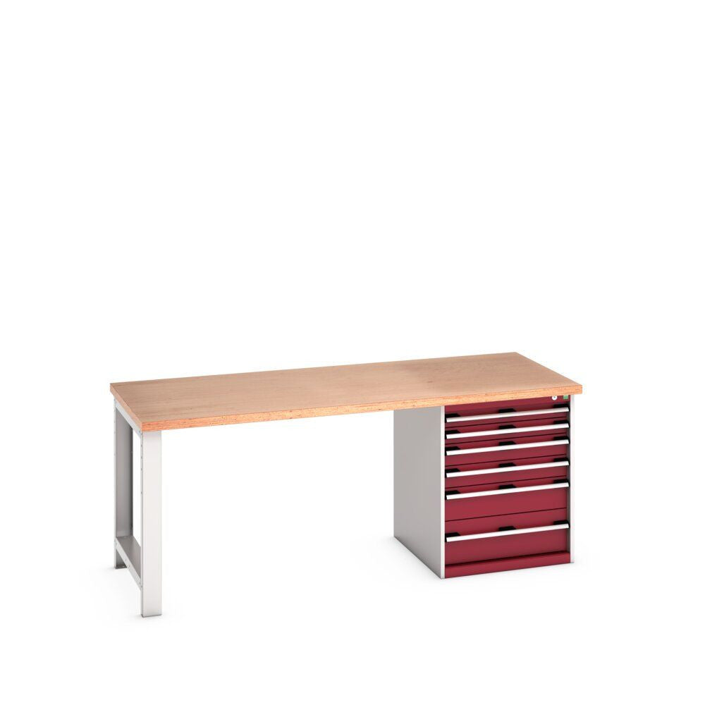 Bott Cubio Pedestal Bench (Multiplex) with 6 Drawer Cabinet / Endframe, 2000x900x840mm, crimson red