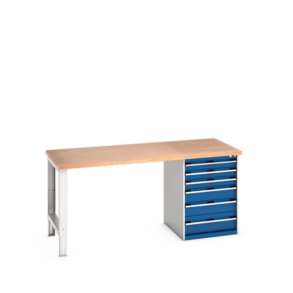Bott Cubio Pedestal Bench (Multiplex) with 6 Drawer Cabinet / Endframe, 2000x900x940mm, gentian blue
