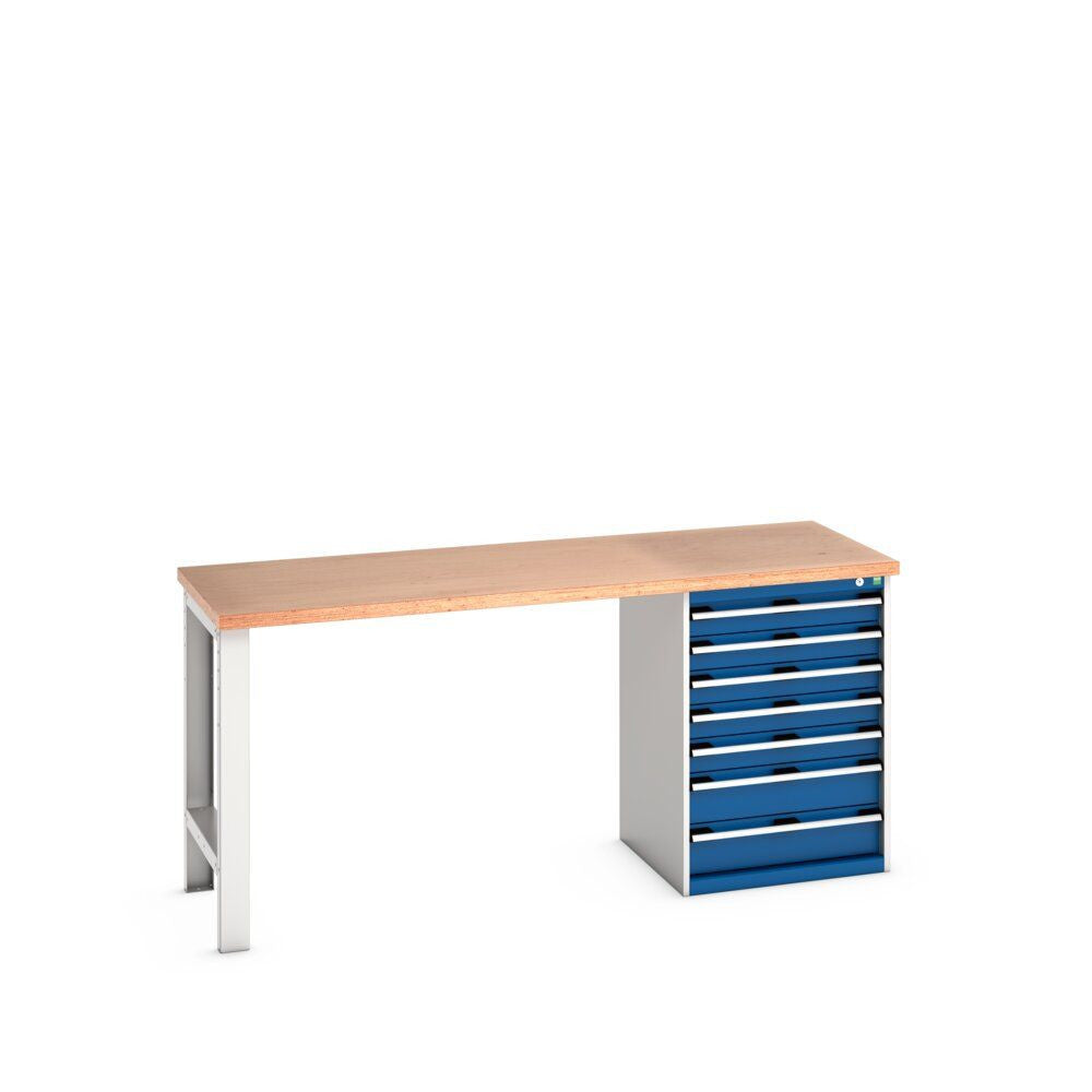 Bott Cubio Pedestal Bench (Multiplex) with 7 Drawer Cabinet / Endframe, 2000x750x940mm, gentian blue