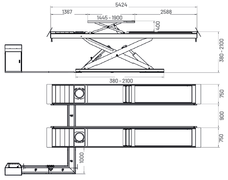 Dama Isotech 6T Wheel Alignment Scissor Lift, 5400mm Platform Length HIEQ1336 dimension drawing