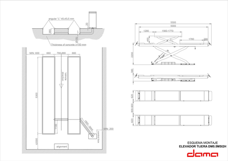 Dama 5.5T Wheel Alignment Scissor Lift, w/ Integral Secondary Scissor HDM55MSI2H dimension drawing
