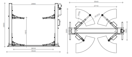 Dama 4T Fully Based Electro Hydraulic 2 Post Lift HDM40TCB dimension drawing