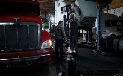 Commercial truck in a heavy vehicle workshop