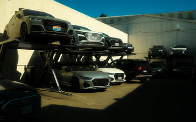 Cars stored on double-stack parking lifts
